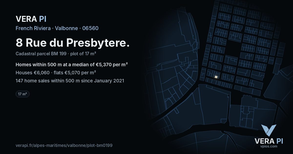 8 Rue du Presbytere, Valbonne at night – the plot lit, the parcels around coloured by the prices near them