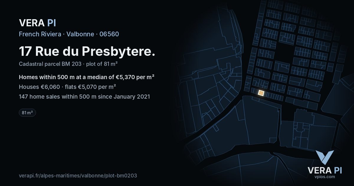 17 Rue du Presbytere, Valbonne at night – the plot lit, the parcels around coloured by the prices near them