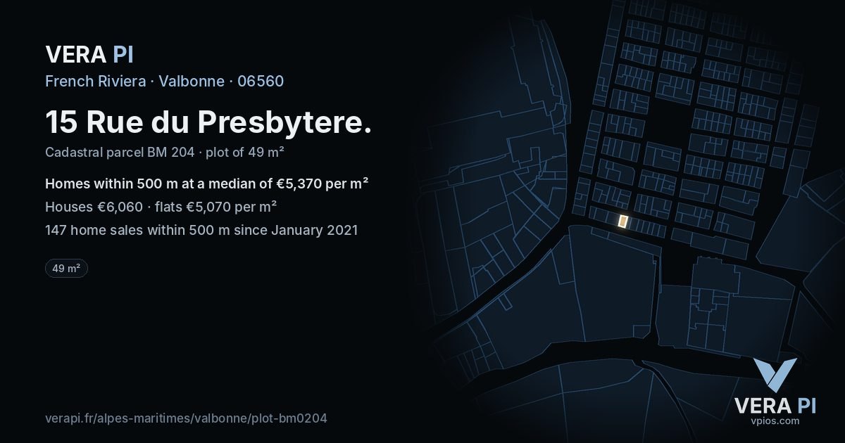 15 Rue du Presbytere, Valbonne at night – the plot lit, the parcels around coloured by the prices near them