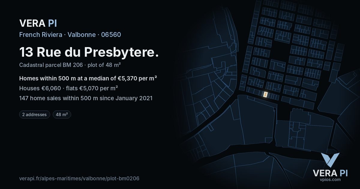 13 Rue du Presbytere, Valbonne at night – the plot lit, the parcels around coloured by the prices near them