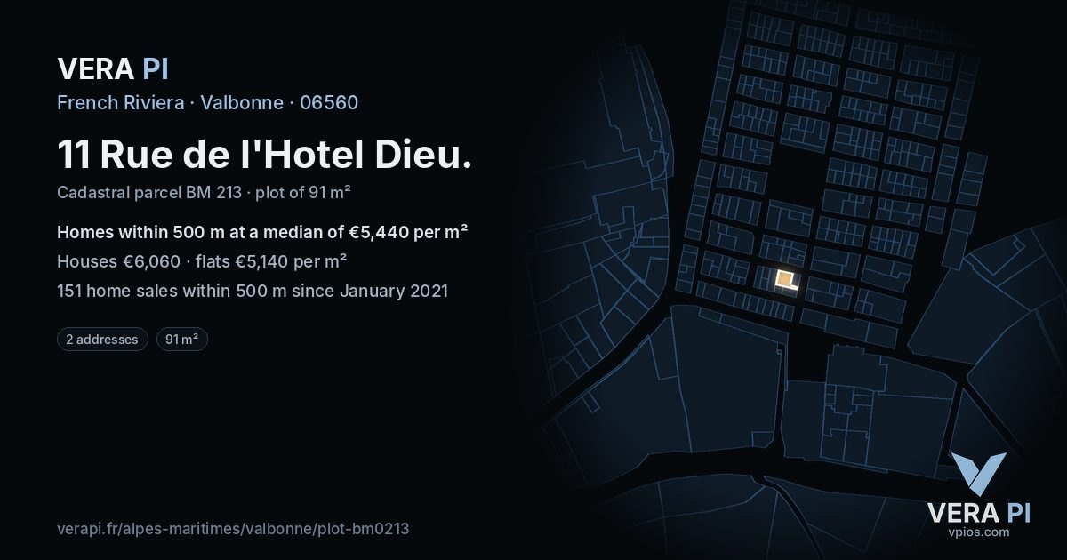 11 Rue de l'Hotel Dieu, Valbonne at night – the plot lit, the parcels around coloured by the prices near them