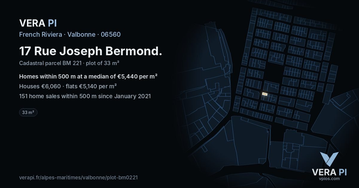 17 Rue Joseph Bermond, Valbonne at night – the plot lit, the parcels around coloured by the prices near them