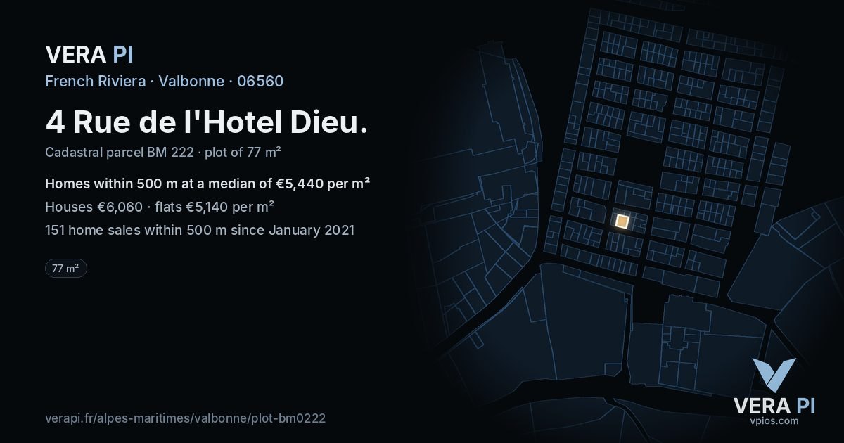 4 Rue de l'Hotel Dieu, Valbonne at night – the plot lit, the parcels around coloured by the prices near them
