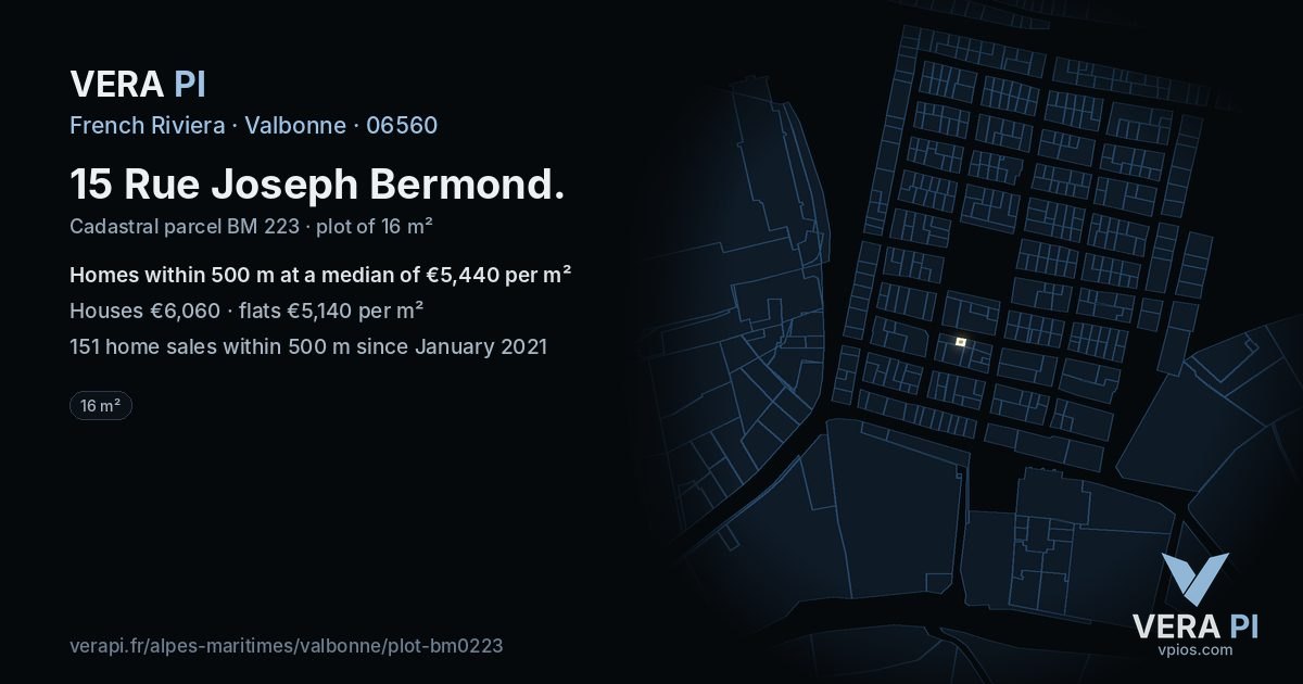 15 Rue Joseph Bermond, Valbonne at night – the plot lit, the parcels around coloured by the prices near them