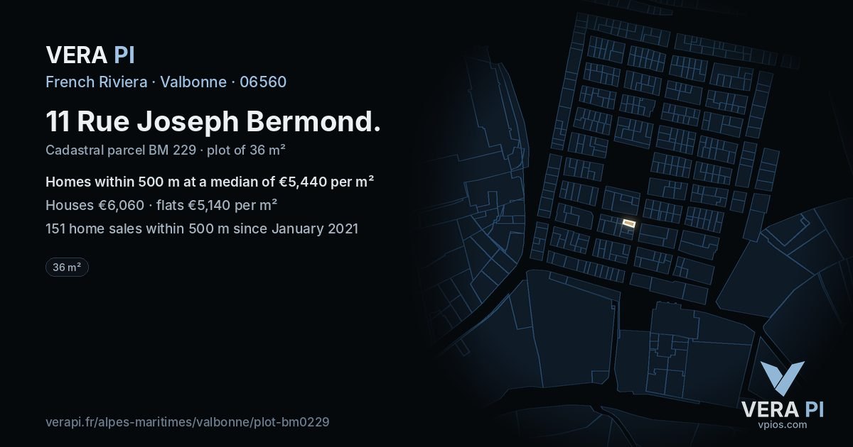 11 Rue Joseph Bermond, Valbonne at night – the plot lit, the parcels around coloured by the prices near them