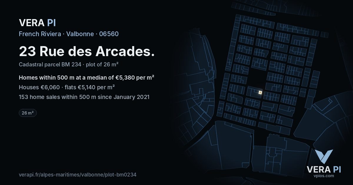 23 Rue des Arcades, Valbonne at night – the plot lit, the parcels around coloured by the prices near them