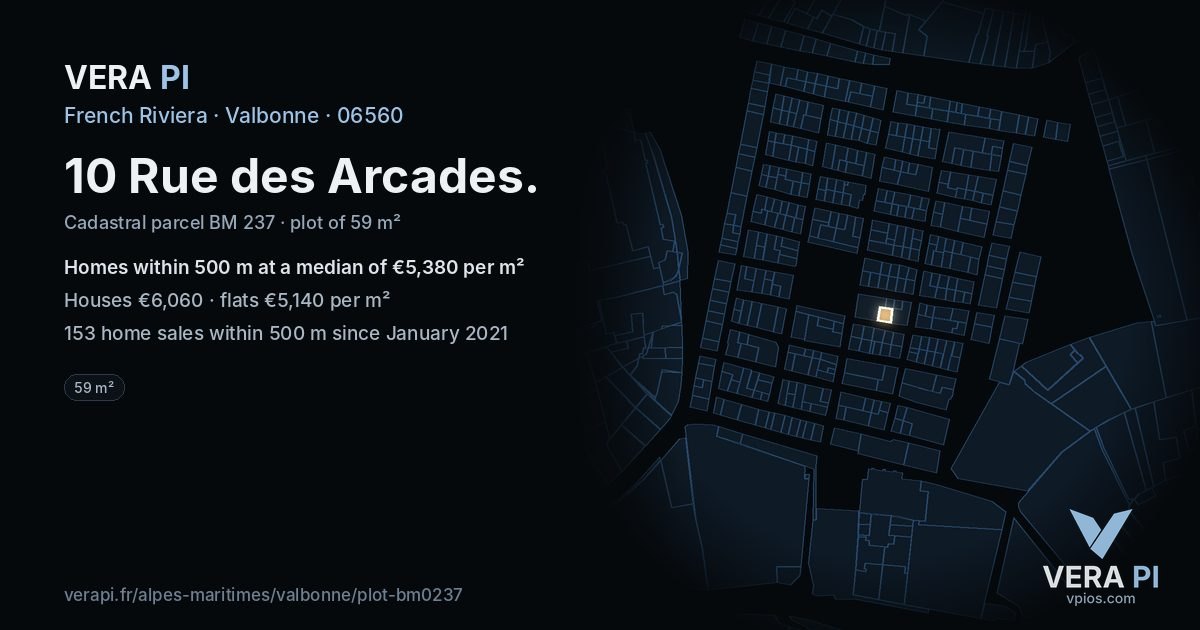 10 Rue des Arcades, Valbonne at night – the plot lit, the parcels around coloured by the prices near them