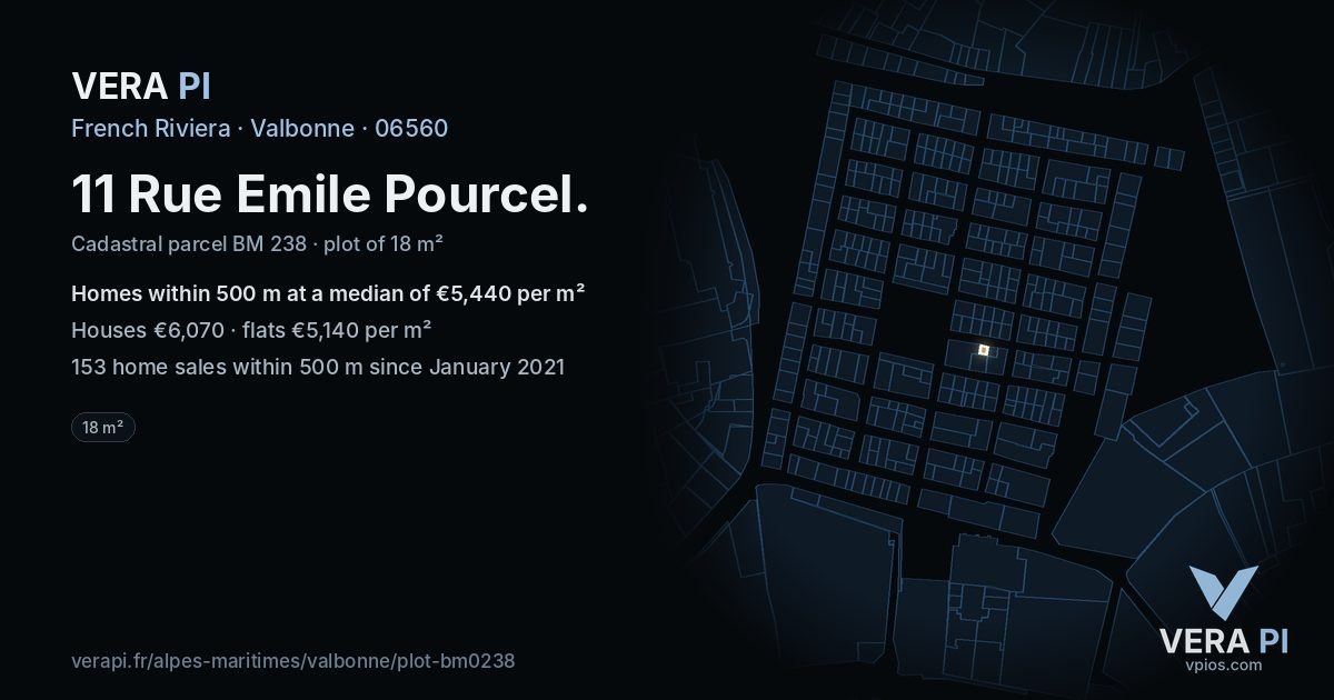 11 Rue Emile Pourcel, Valbonne at night – the plot lit, the parcels around coloured by the prices near them
