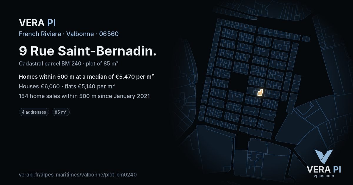 9 Rue Saint-Bernadin, Valbonne at night – the plot lit, the parcels around coloured by the prices near them
