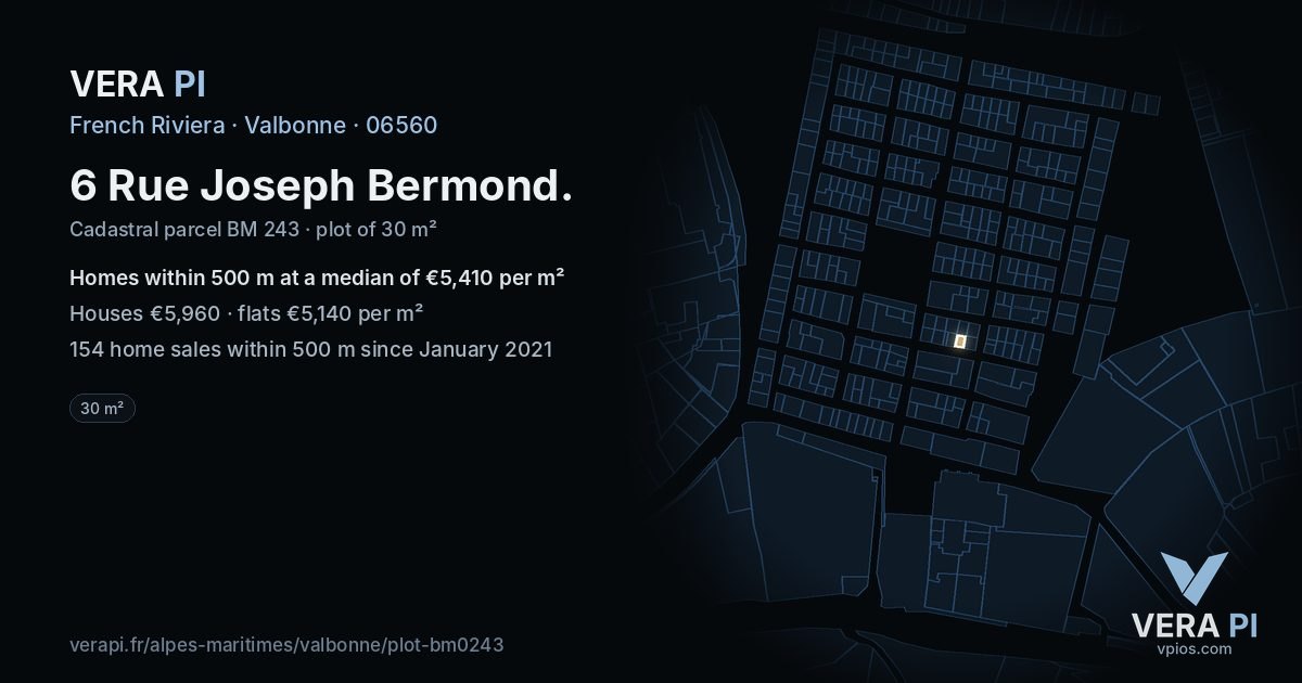 6 Rue Joseph Bermond, Valbonne at night – the plot lit, the parcels around coloured by the prices near them