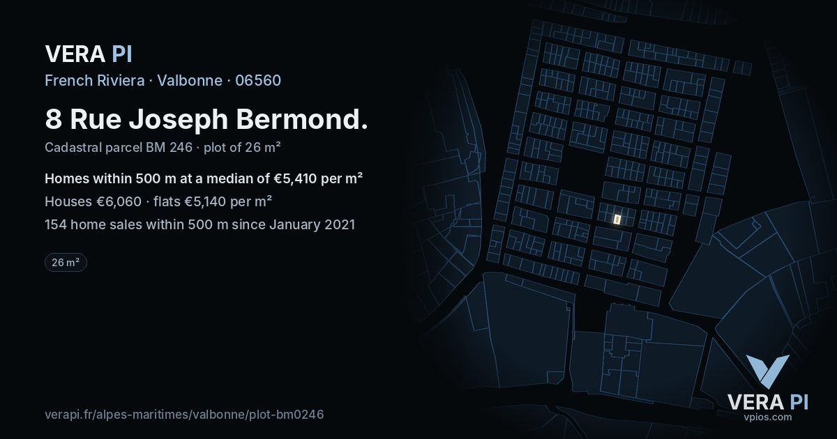 8 Rue Joseph Bermond, Valbonne at night – the plot lit, the parcels around coloured by the prices near them