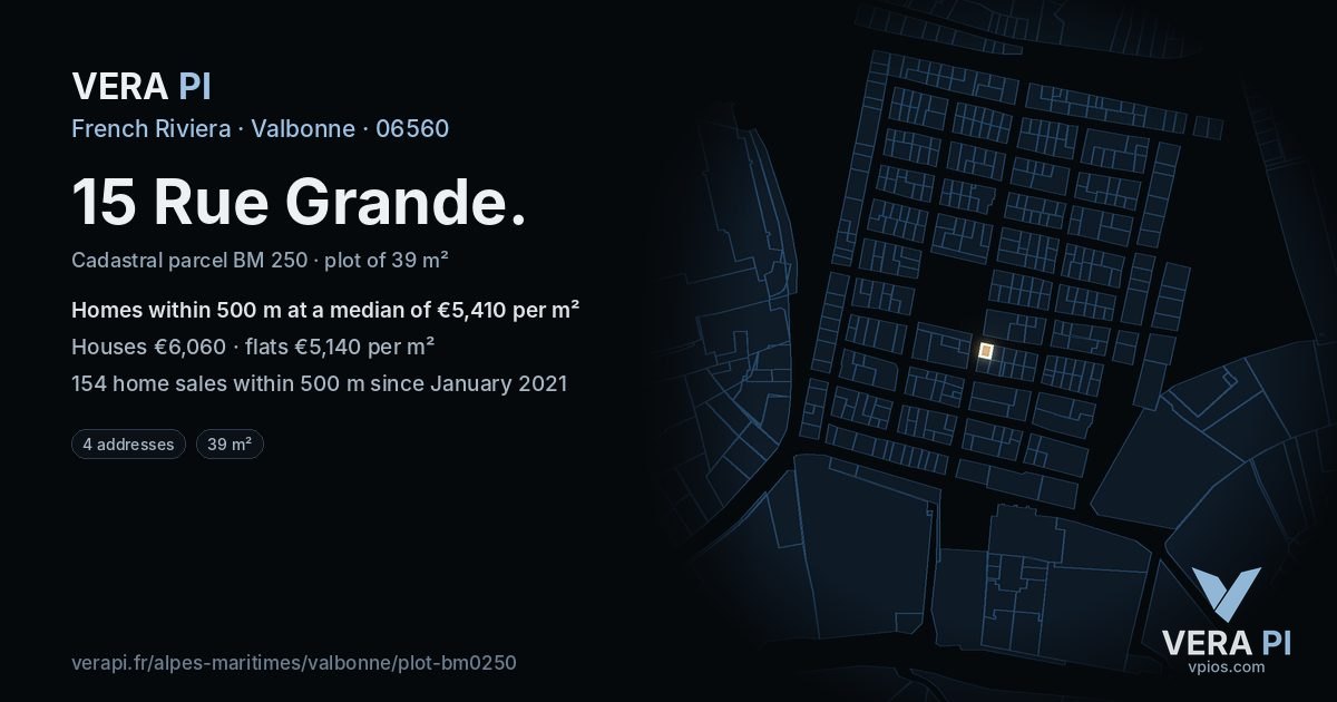 15 Rue Grande, Valbonne at night – the plot lit, the parcels around coloured by the prices near them