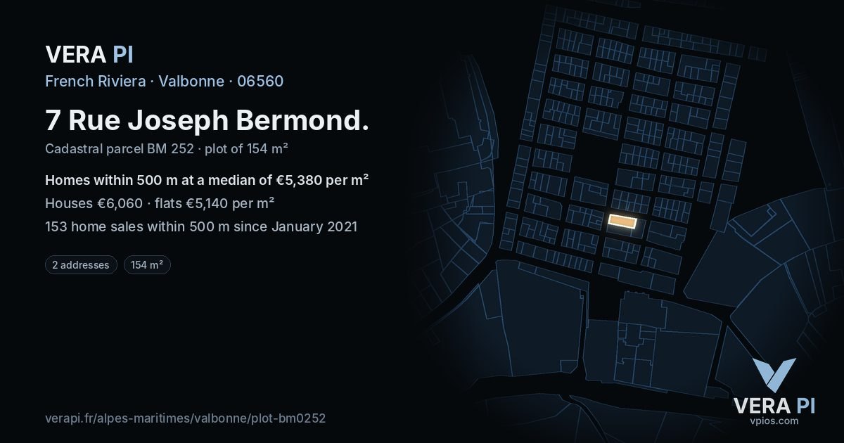7 Rue Joseph Bermond, Valbonne at night – the plot lit, the parcels around coloured by the prices near them