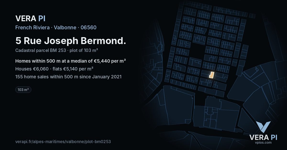 5 Rue Joseph Bermond, Valbonne at night – the plot lit, the parcels around coloured by the prices near them