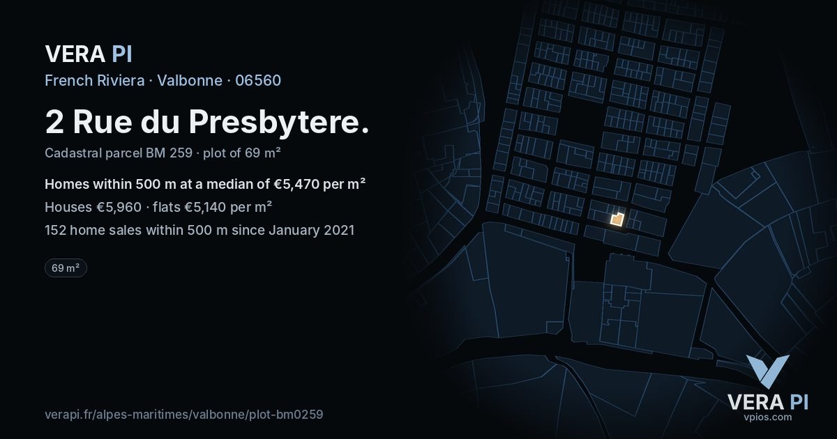 2 Rue du Presbytere, Valbonne at night – the plot lit, the parcels around coloured by the prices near them