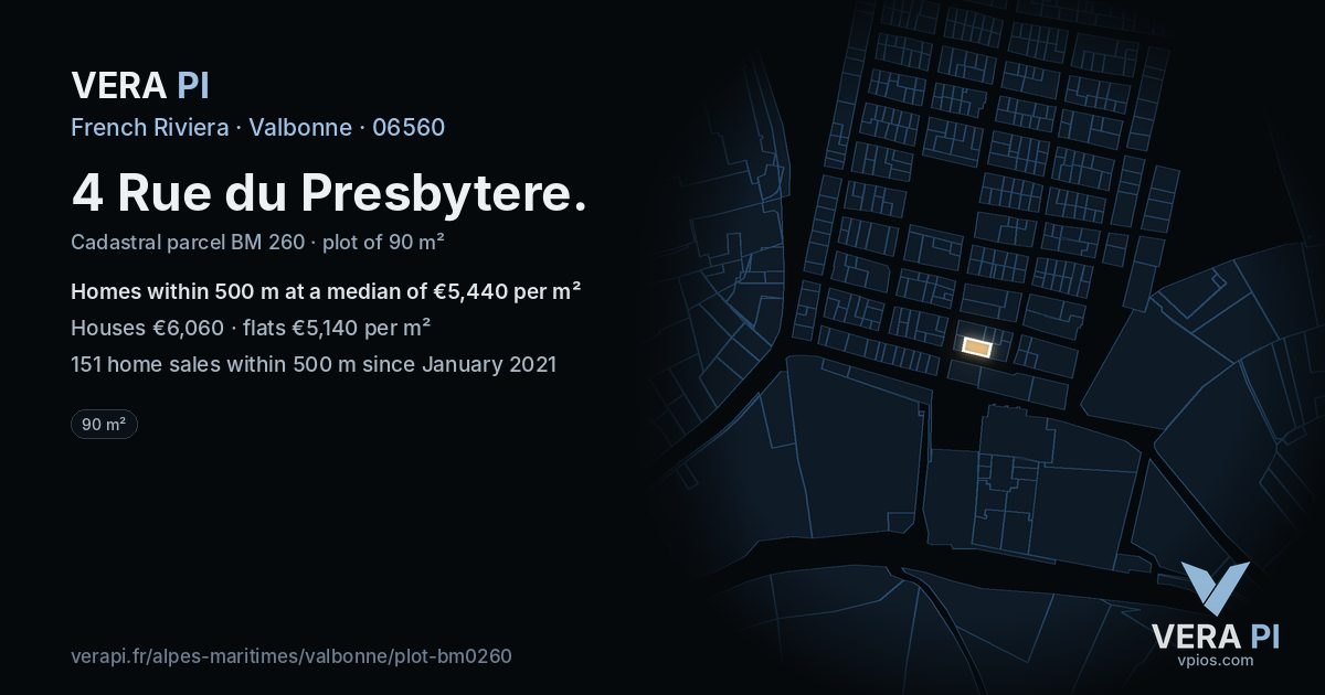 4 Rue du Presbytere, Valbonne at night – the plot lit, the parcels around coloured by the prices near them