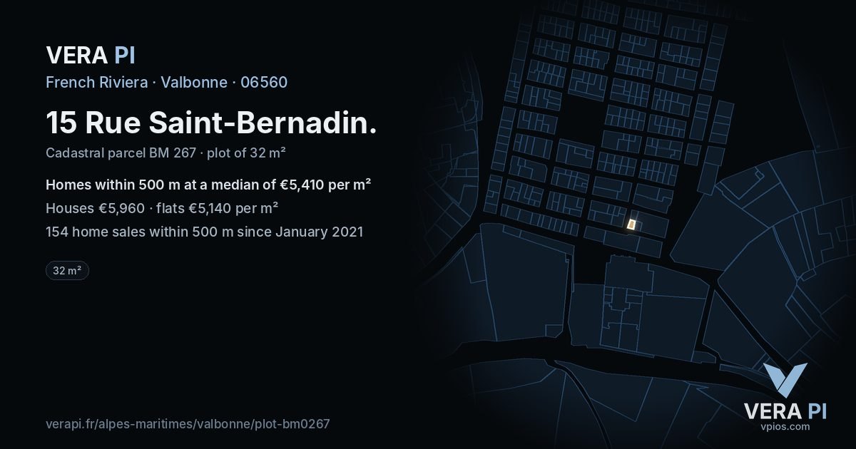 15 Rue Saint-Bernadin, Valbonne at night – the plot lit, the parcels around coloured by the prices near them