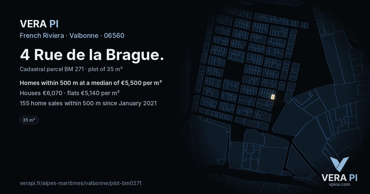 4 Rue de la Brague, Valbonne at night – the plot lit, the parcels around coloured by the prices near them
