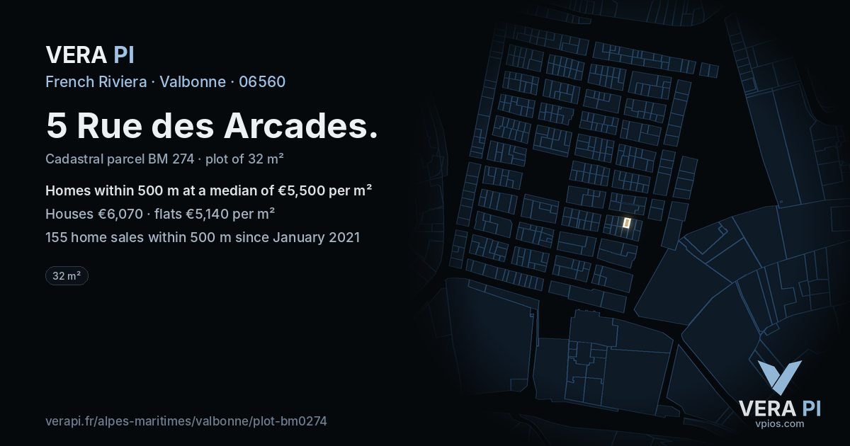 5 Rue des Arcades, Valbonne at night – the plot lit, the parcels around coloured by the prices near them
