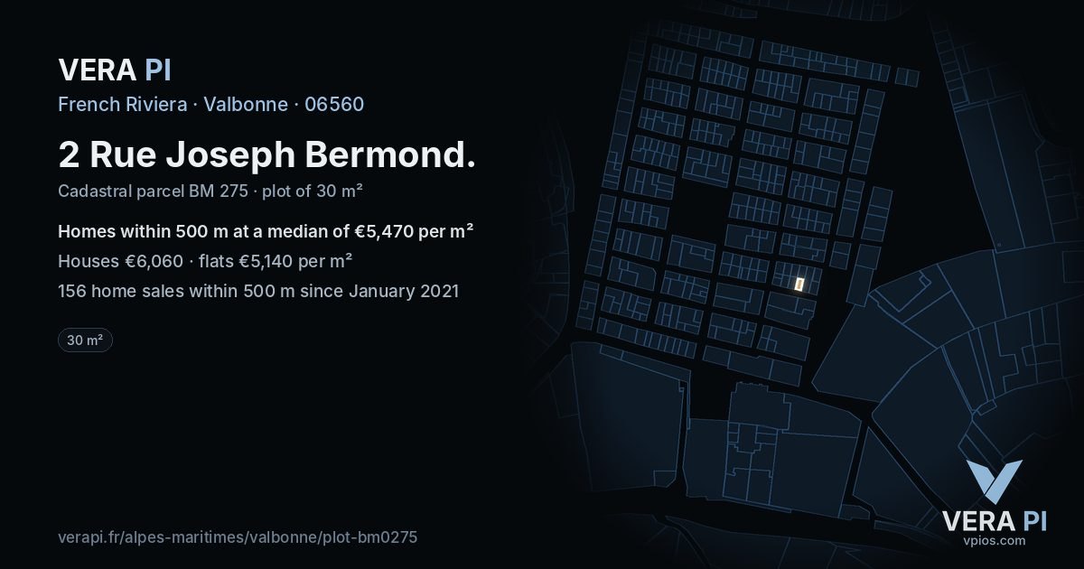 2 Rue Joseph Bermond, Valbonne at night – the plot lit, the parcels around coloured by the prices near them