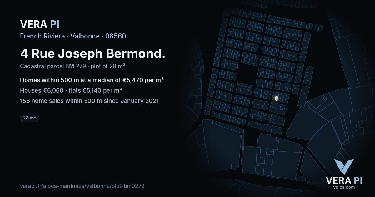 4 Rue Joseph Bermond, Valbonne at night – the plot lit, the parcels around coloured by the prices near them