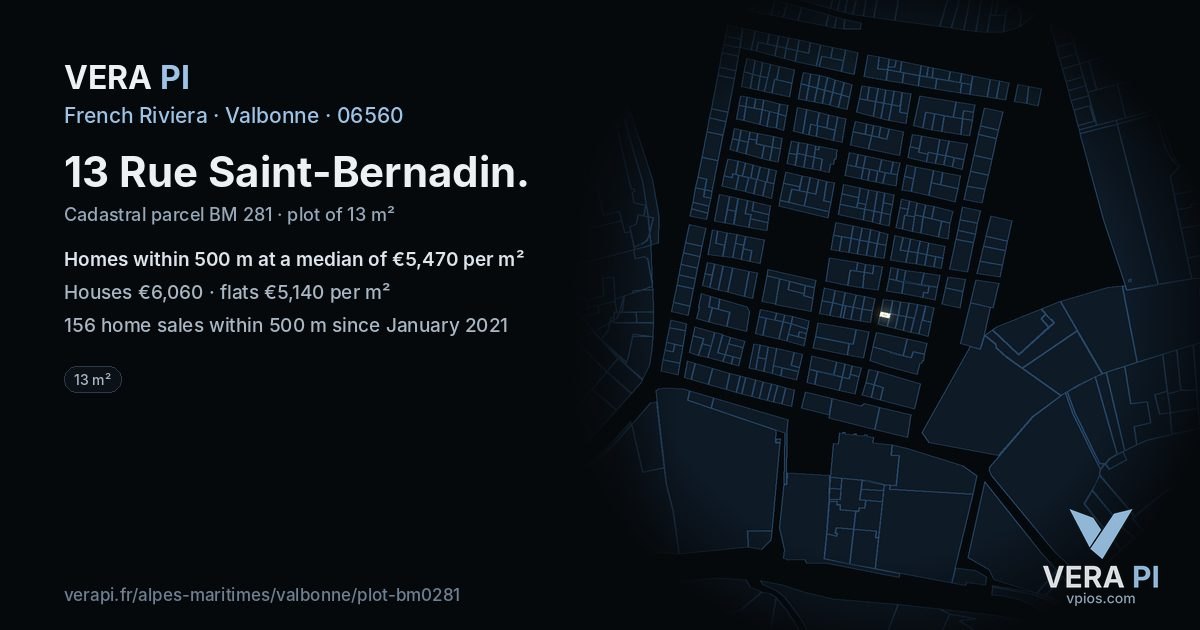 13 Rue Saint-Bernadin, Valbonne at night – the plot lit, the parcels around coloured by the prices near them