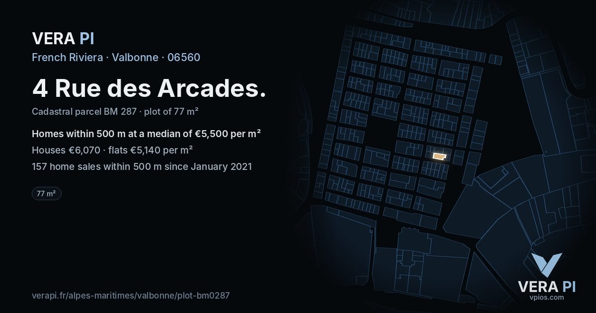 4 Rue des Arcades, Valbonne at night – the plot lit, the parcels around coloured by the prices near them
