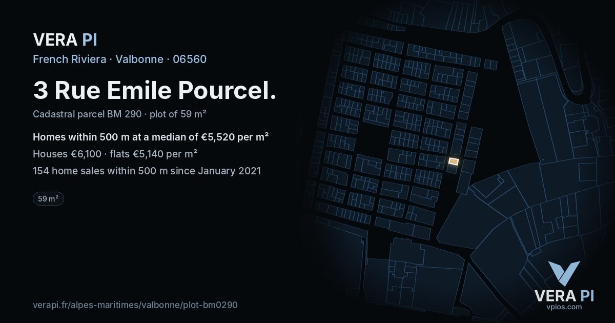 3 Rue Emile Pourcel, Valbonne at night – the plot lit, the parcels around coloured by the prices near them