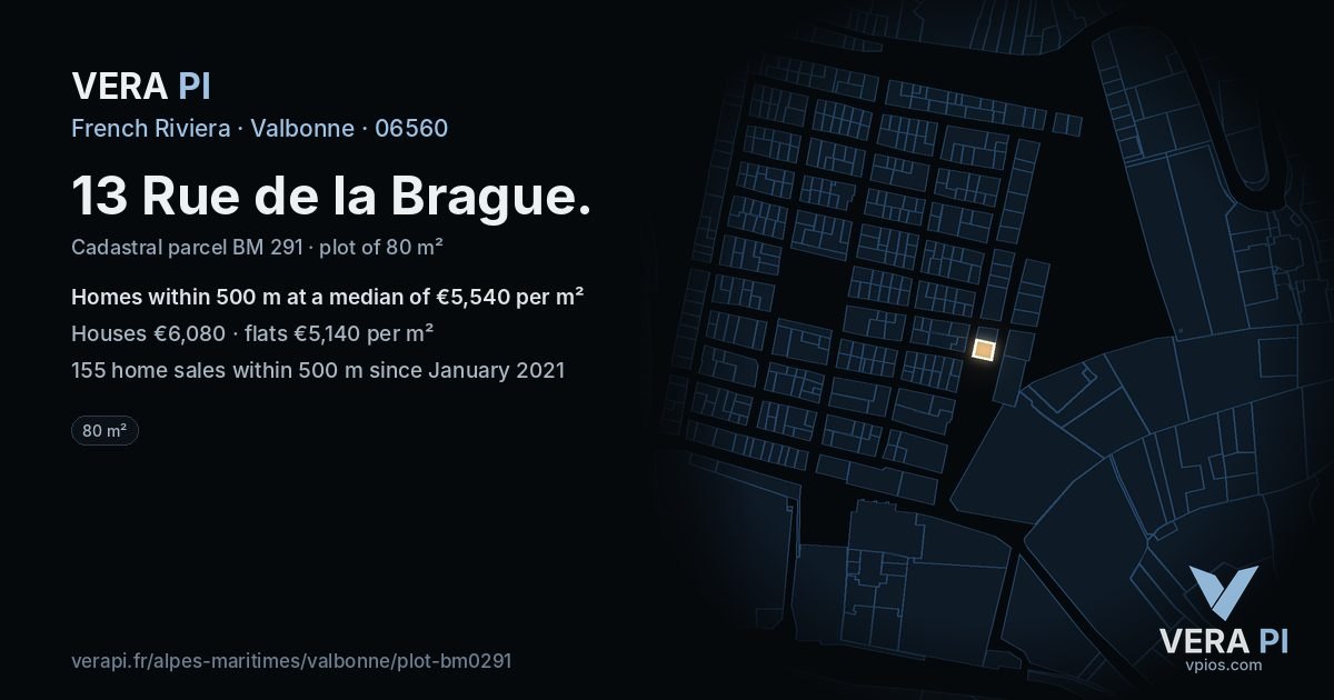 13 Rue de la Brague, Valbonne at night – the plot lit, the parcels around coloured by the prices near them