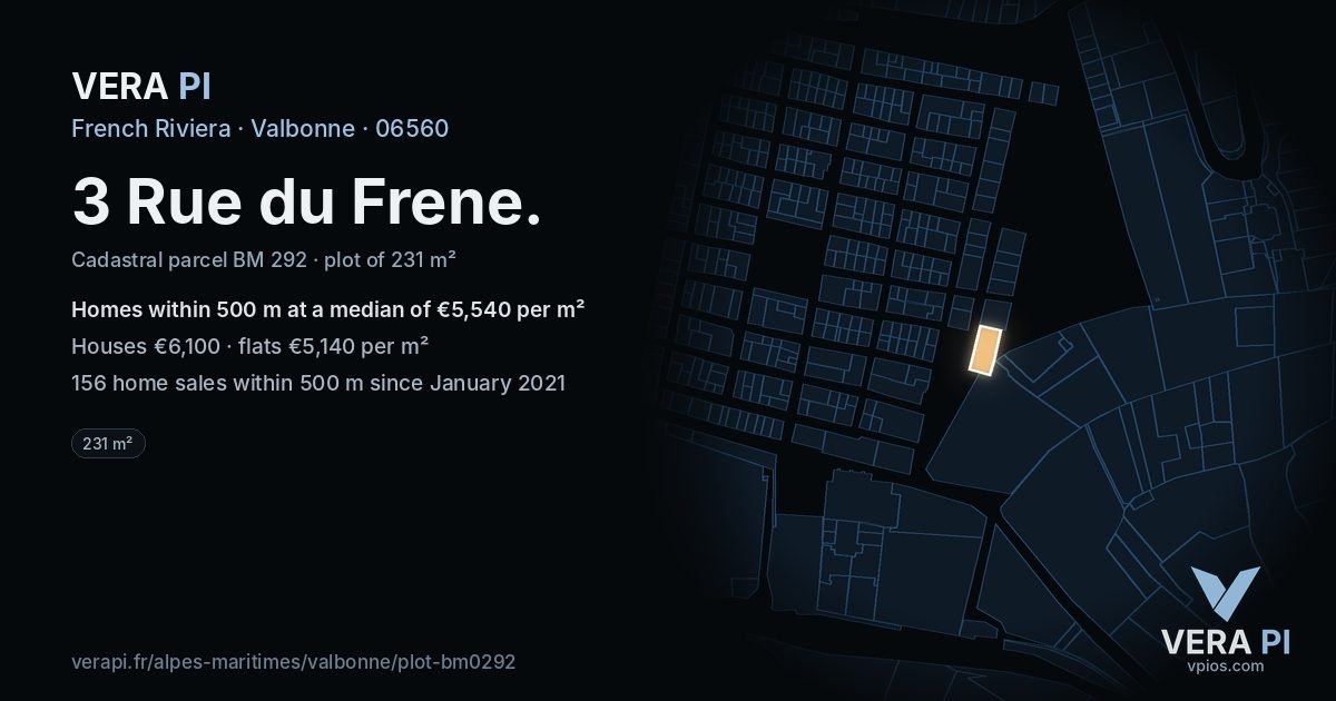 3 Rue du Frene, Valbonne at night – the plot lit, the parcels around coloured by the prices near them