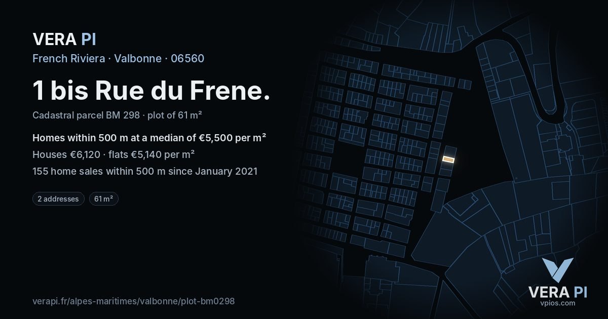 1 bis Rue du Frene, Valbonne at night – the plot lit, the parcels around coloured by the prices near them