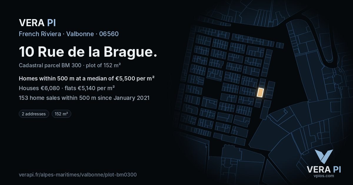 10 Rue de la Brague, Valbonne at night – the plot lit, the parcels around coloured by the prices near them