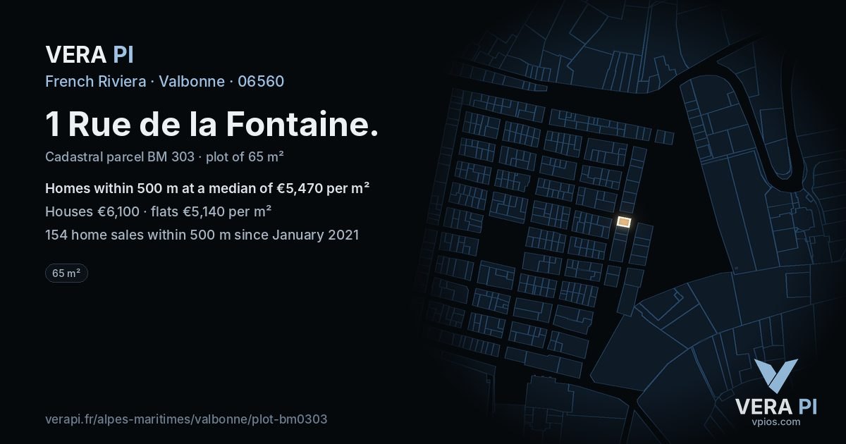 1 Rue de la Fontaine, Valbonne at night – the plot lit, the parcels around coloured by the prices near them