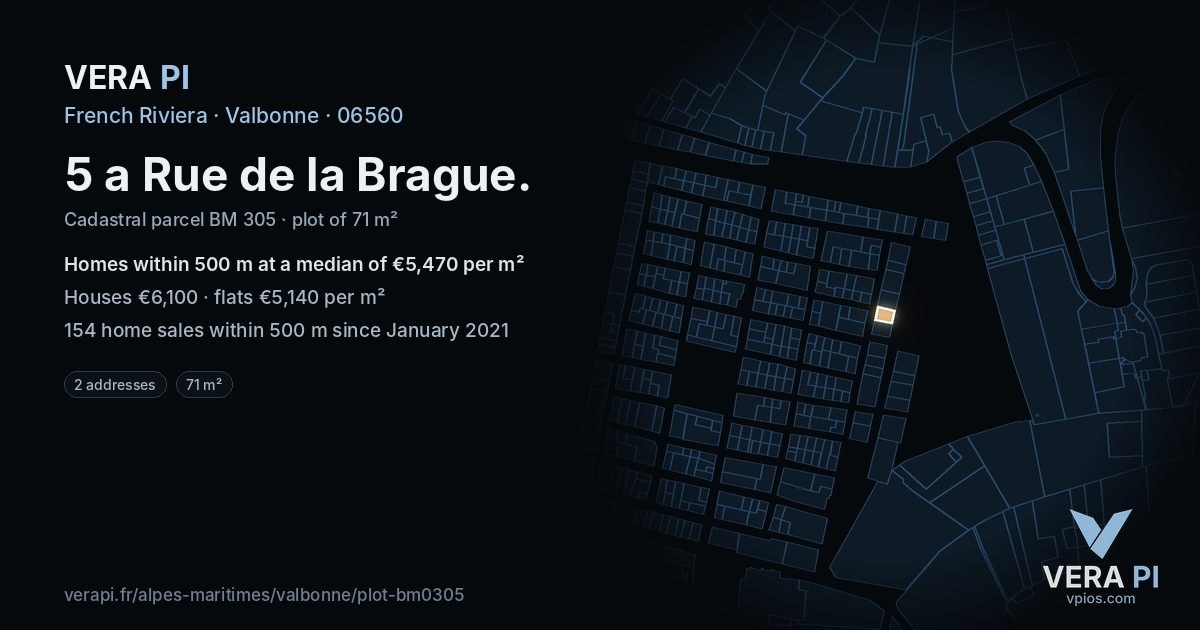 5 a Rue de la Brague, Valbonne at night – the plot lit, the parcels around coloured by the prices near them
