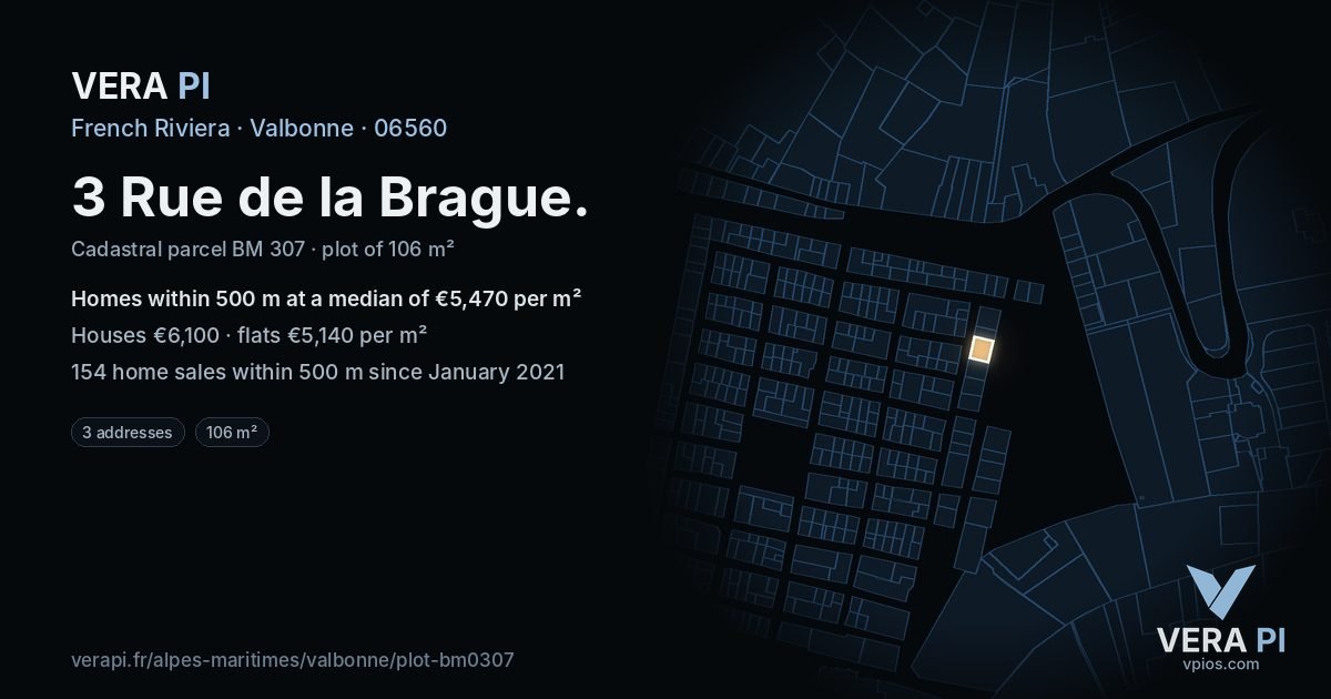 3 Rue de la Brague, Valbonne at night – the plot lit, the parcels around coloured by the prices near them