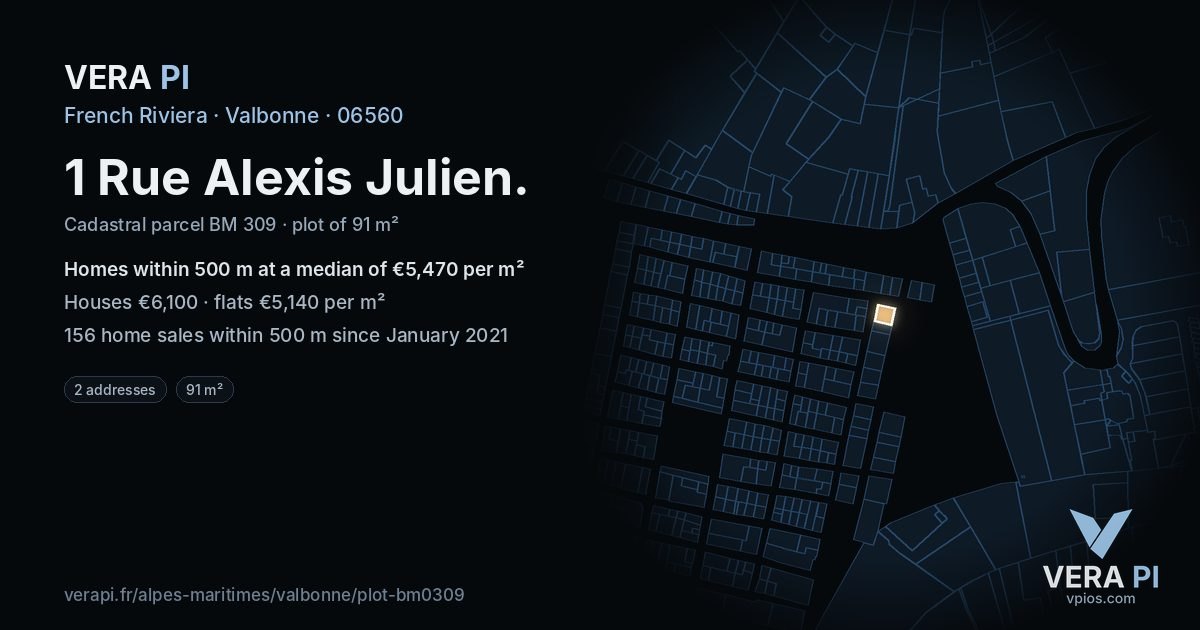 1 Rue Alexis Julien, Valbonne at night – the plot lit, the parcels around coloured by the prices near them