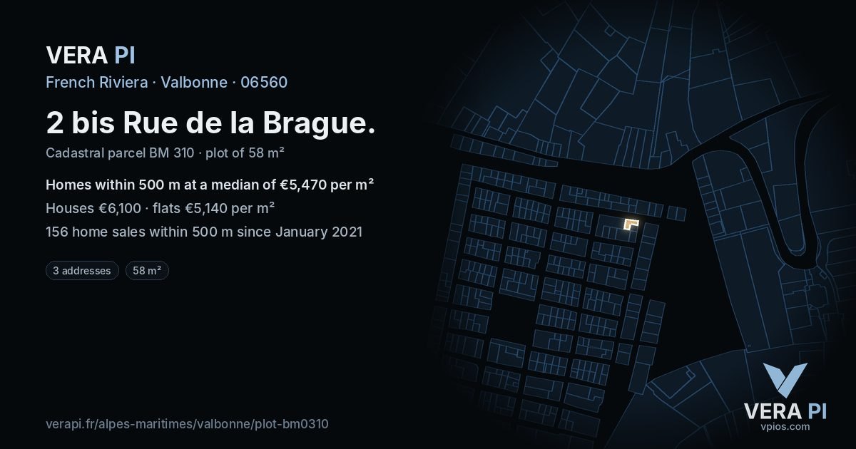 2 bis Rue de la Brague, Valbonne at night – the plot lit, the parcels around coloured by the prices near them