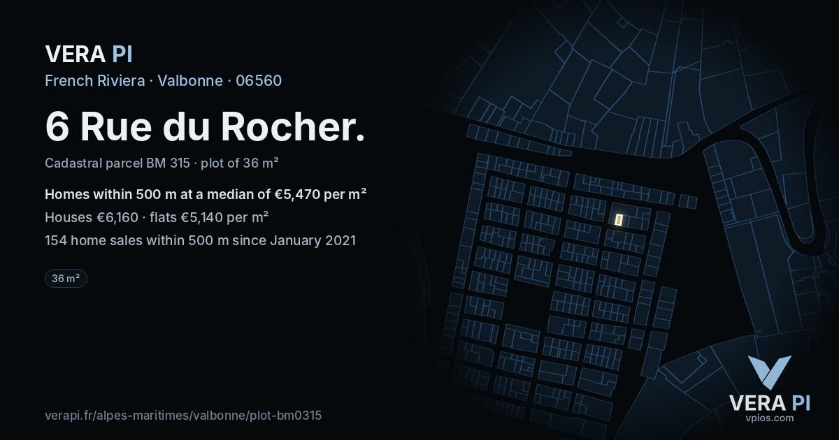 6 Rue du Rocher, Valbonne at night – the plot lit, the parcels around coloured by the prices near them