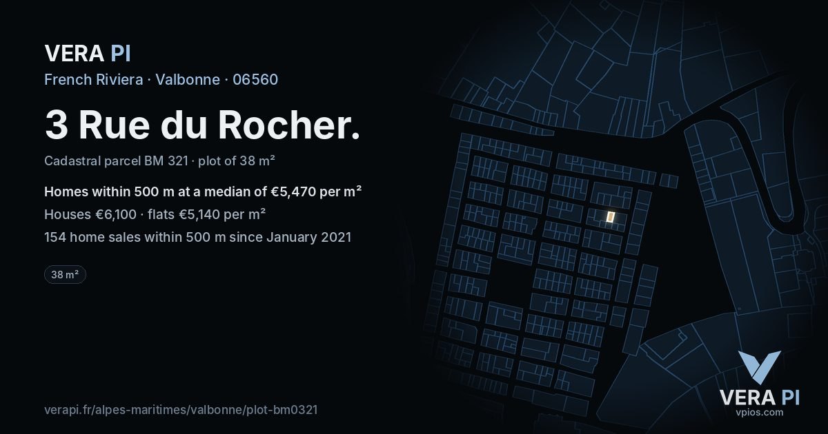 3 Rue du Rocher, Valbonne at night – the plot lit, the parcels around coloured by the prices near them