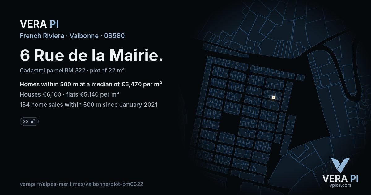 6 Rue de la Mairie, Valbonne at night – the plot lit, the parcels around coloured by the prices near them
