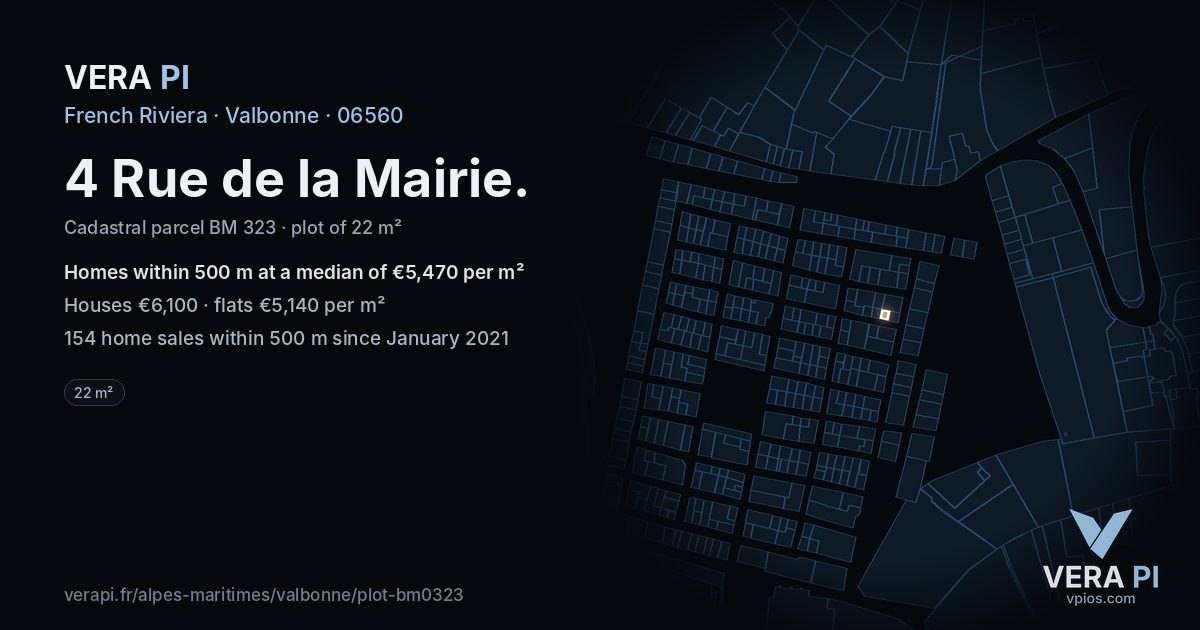 4 Rue de la Mairie, Valbonne at night – the plot lit, the parcels around coloured by the prices near them