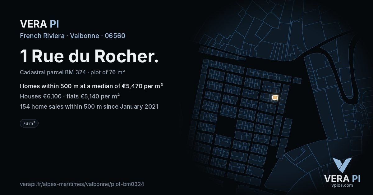 1 Rue du Rocher, Valbonne at night – the plot lit, the parcels around coloured by the prices near them