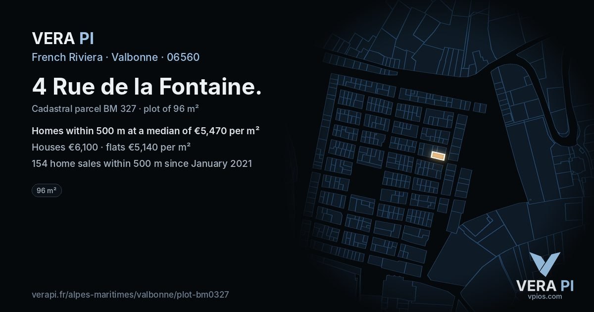 4 Rue de la Fontaine, Valbonne at night – the plot lit, the parcels around coloured by the prices near them