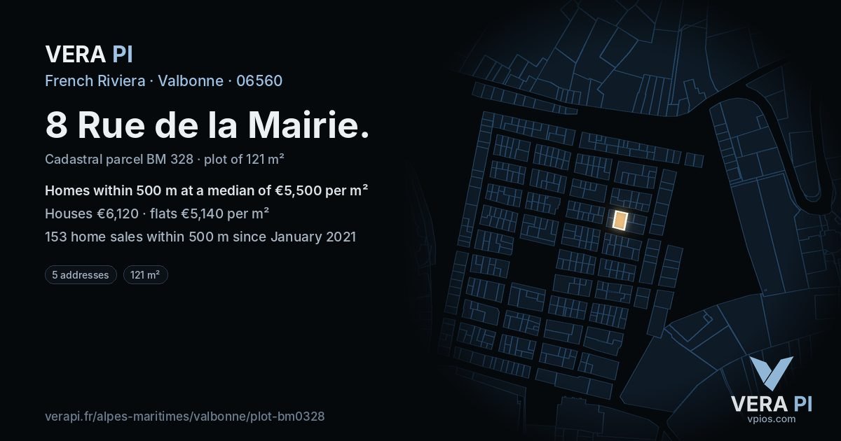 8 Rue de la Mairie, Valbonne at night – the plot lit, the parcels around coloured by the prices near them