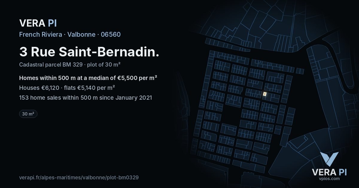3 Rue Saint-Bernadin, Valbonne at night – the plot lit, the parcels around coloured by the prices near them