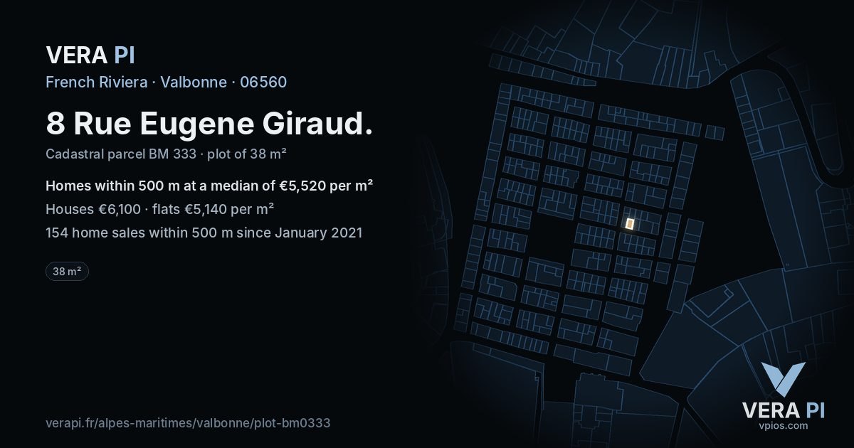 8 Rue Eugene Giraud, Valbonne at night – the plot lit, the parcels around coloured by the prices near them