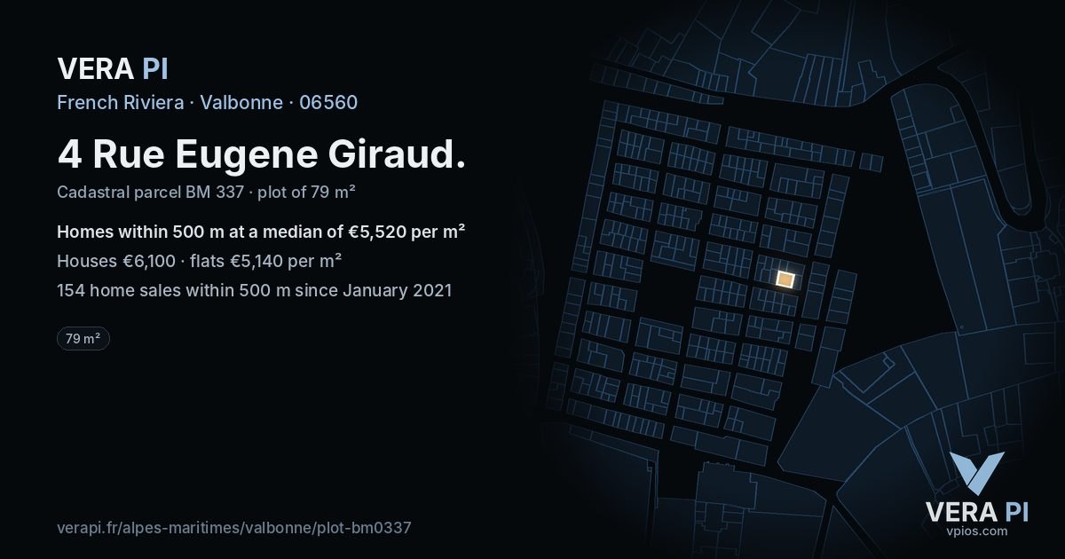 4 Rue Eugene Giraud, Valbonne at night – the plot lit, the parcels around coloured by the prices near them
