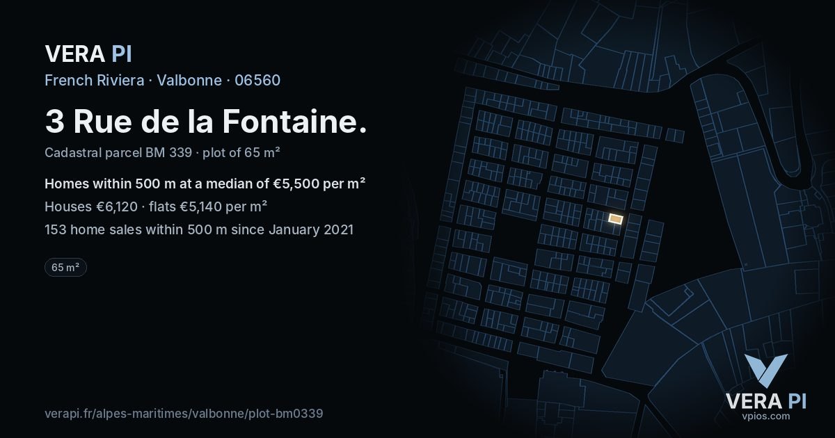 3 Rue de la Fontaine, Valbonne at night – the plot lit, the parcels around coloured by the prices near them