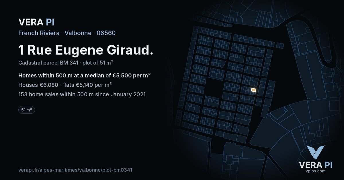 1 Rue Eugene Giraud, Valbonne at night – the plot lit, the parcels around coloured by the prices near them