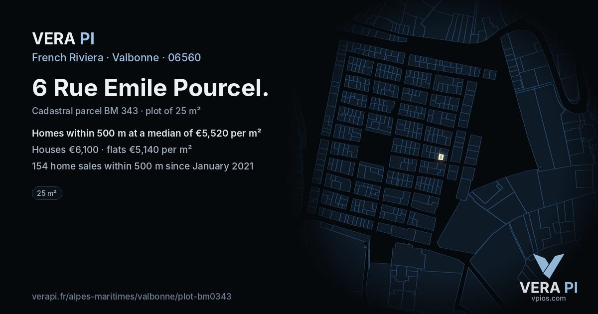 6 Rue Emile Pourcel, Valbonne at night – the plot lit, the parcels around coloured by the prices near them
